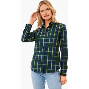 Rochelle Behrens Navy Blue Tartan Plaid Icon Shirt sz XS Long Sleeve Button Down